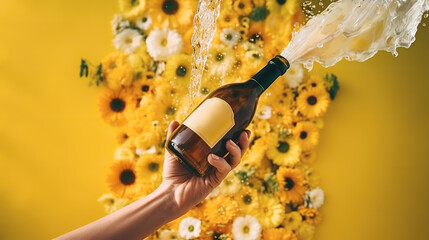 cropped view of woman pouring wine into bottle on yellow background with flowers