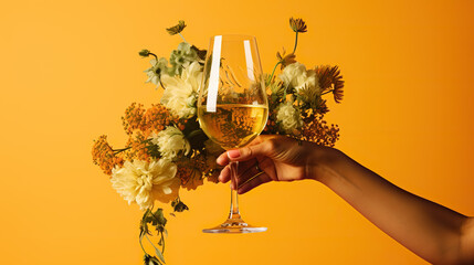 Female hand holding glass of white wine and bunch of flowers on orange background