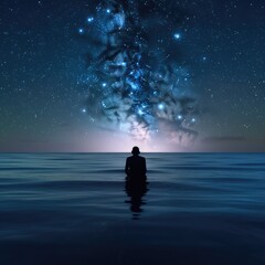 Man in the sea looking at the starry sky. 3D rendering