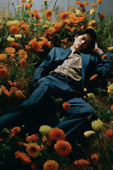 Fashionable young man in a blue suit lying among the flowers