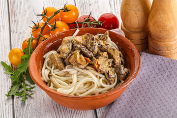 Asian udon noodles with beef
