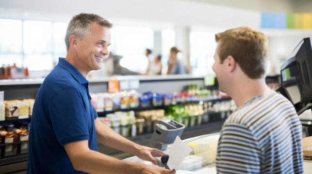 A happy supermarket cashier at work