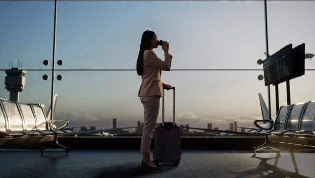 Asian Businesswoman With Suitcase Drinks Coffee In Boarding Lounge At The Airport
