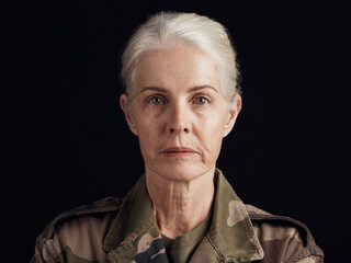 Soldier, studio portrait and senior woman of military service, battle warrior or Ukraine war hero,...