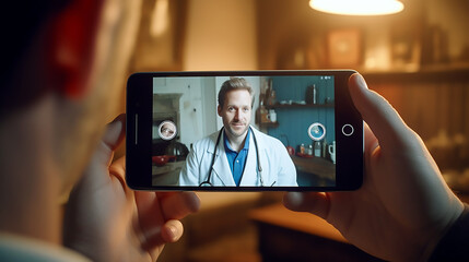 Manos sujetando un smartphone mientras mira un video con un doctor en casa. Persona viendo una serie en un smartphone donde sale un medico. - obrazy, fototapety, plakaty