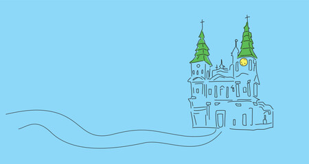 Catholic church with a clock on the tower. Ternopil Vector graphics, eps