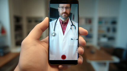 Doctor hombre manteniendo una videollamada online con un smartphone con un paciente desde su hogar. Paciente consulta a doctor en videollamada. - obrazy, fototapety, plakaty