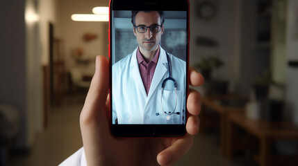 Mano izquierda sujetando un smartphone en una videollamada con un doctor con bata blanca, fondo de una casa desenfocada. - obrazy, fototapety, plakaty