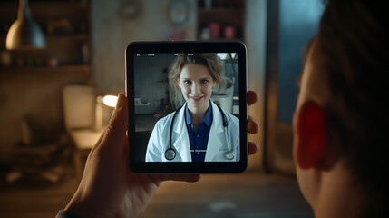Mano izquierda sujetando una tablet manteniendo una videollamada con una doctora en linea, fondo de un apartamento.