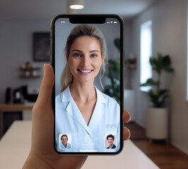 Tres personas manteniendo una videollamada online desde un smartphone con un doctor desde casa. Mujer doctor hablando con dos pacientes por videollamada. - obrazy, fototapety, plakaty