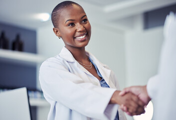 Black woman, scientist and handshake, smile for partnership and science collaboration with...