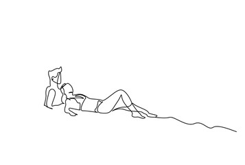 young couple in love vacation seaside beach sitting together relax concept line art design