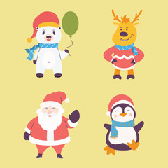 Christmas Vector Characters Set. Penguin, Santa Claus, Reindeer, Bear. cute christmas character, christmas element, christmas collections. Vector Illustrations	
