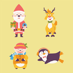 Christmas Vector Characters Set. Penguin, Santa Claus, Reindeer, Bear. cute christmas character, christmas element, christmas collections. Vector Illustrations	
