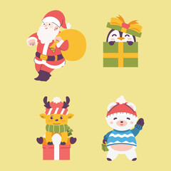 Christmas Vector Characters Set. Penguin, Santa Claus, Reindeer, Bear. cute christmas character, christmas element, christmas collections. Vector Illustrations	

