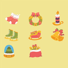 Christmas Vector Elements Set. Christmas wreath, candle, christmas bell, sleigh, christmas stocking, ice skates, santa claus red bag, snow globe. christmas collections. Vector Illustrations	
