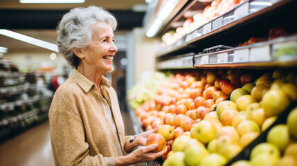 A portrait of a woman shopping in a supermarket - obrazy, fototapety, plakaty
