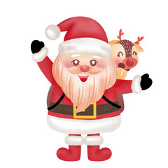 Cartoon Santa Claus wears a red suit and has a cute deer in his bag. Standing happily smiling at Christmas.