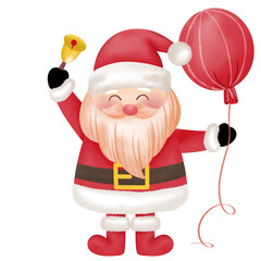 cartoon santa claus wearing red clothes Standing smiling happily holding a bell and red balloon on Christmas day.