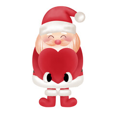 Cartoon Santa Claus wearing a red suit hugging a red heart balloon to give gifts during the Christmas holidays.