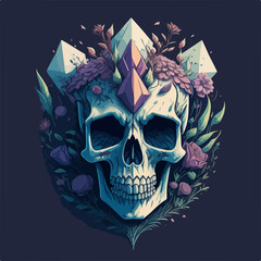 Behold the majestic skull of a king adorned with a regal crystal crown and flowers, a symbol of honor fit for a monarch's t-shirt design.