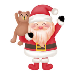 Santa Claus wears a red suit and holds a brown bear to deliver gifts during the Christmas holiday.