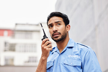 Walkie talkie, man and asian security guard for safety, city watch or call backup for help. Police...