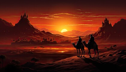 Fototapeta na wymiar Capturing the Beauty of Two Arab Men Riding Camels in the Night