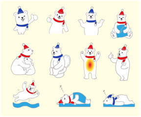 かわいいキャラクター　シロクマのイラスト　親子　お昼寝　遊ぶ　アイコンセット　帽子　マフラー