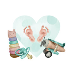 Children's feet, toys - airplane, pyramid, pacifier. Vector illustration. Watercolor style. Cards, invitations, newborn baby shower, gender party.