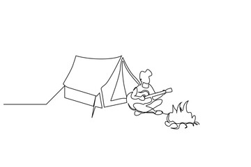 person guitar nature campfire camping tent activity relax lifestyle line art design - obrazy, fototapety, plakaty