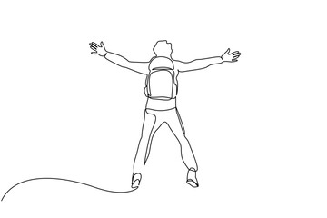 young male person backpack nature jumping rejoicing back view lifestyle line art design