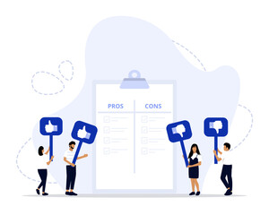Pros and cons concept illustration. Suitable for landing page, ui, web, App intro card, editorial, flyer, 
and banner.