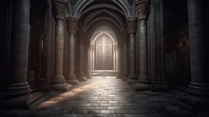 Mysterious dark corridor with columns and doors - obrazy, fototapety, plakaty