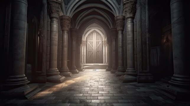 Mysterious dark corridor with columns and doors