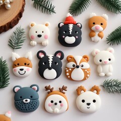 Fototapeta premium Christmas cookies in the shape of different funny animals. holiday sweets small figurines of animals, background flat top view