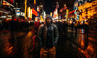 African American boy in urban clothes walking at night in the streets of a city. Concept of urban people.