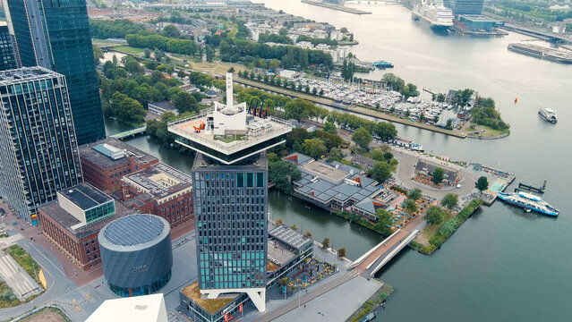 Amsterdam, Netherlands - July 22, 2023: ADAM Toren is the most fashionable tower in Amsterdam. It is located in the city center on the Hey embankment, next to the Eye Film Museum., Aerial View