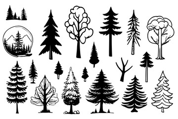 Tree sketches set different types . Hand drawn vector illustration.