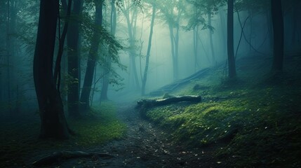 Fototapeta premium Mysterious dark forest with fog and footpath Fairy autumn landscape