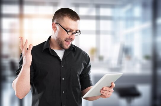 professional young business man hold digital tablet, AI generated image
