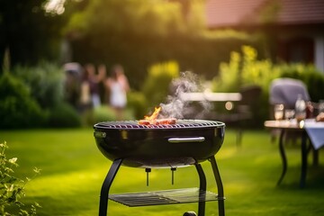 Barbecue Grill with the blurred green garden and picnic in the background. Generative AI