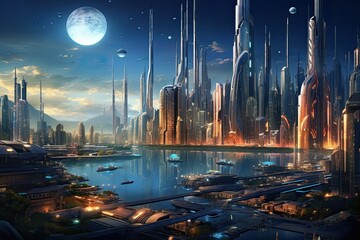 Futuristic city at night with full moon, 3D rendering, A fantasy new retro wave city night, concept. A Moonlight Coastal City