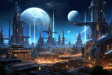 Fantasy alien city, 3D illustration, alien planet landscape. Space game background, Epic panorama scene vision with epic celestial city in the galaxy, sci-fi city - obrazy, fototapety, plakaty