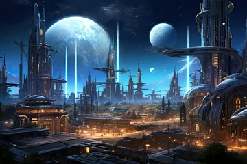 Foto op Plexiglas Fantasy alien city, 3D illustration, alien planet landscape. Space game background, Epic panorama scene vision with epic celestial city in the galaxy, sci-fi city © Jahan Mirovi