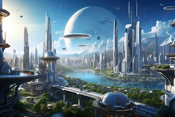 Futuristic city landscape with skyscrapers and high-rise buildings, Modern residential area with...