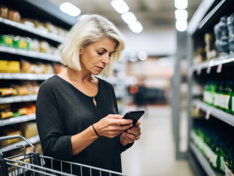 A woman uses her smartphone to check her purchase list in a supermarket
