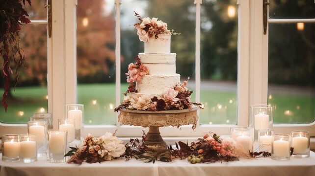 Wedding cake design, autumnal dessert styling and holiday decoration, multi-tier cake for an autumn event venue, food catering service and elegant country decor, cottage style