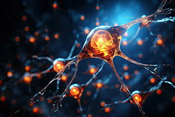 Healthy brain activity, nerve cells, synapses and neural cells send and transmit electrical chemical impulses and signals. Concept of neurobiology and nervous system research with impulses