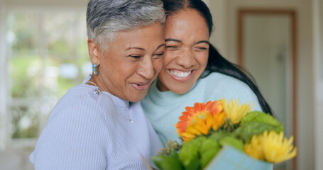 Hug, love and mother and daughter with flowers in home for bonding, relationship and smile...